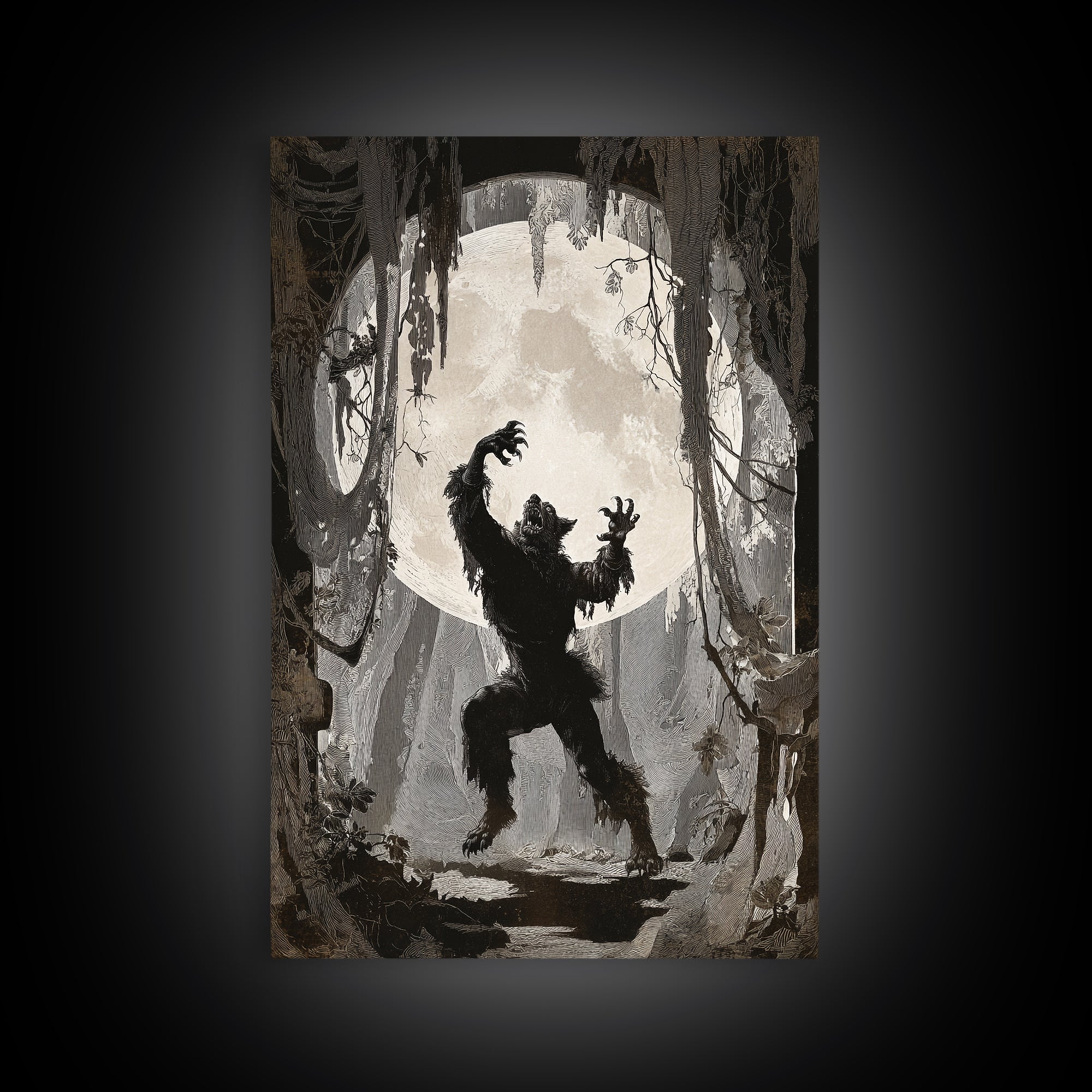 The Moon-Cursed Werewolf, Danse Macabre Art, Vertical Wall Art, Dark Fantasy Wall Art, Framed Canvas Print