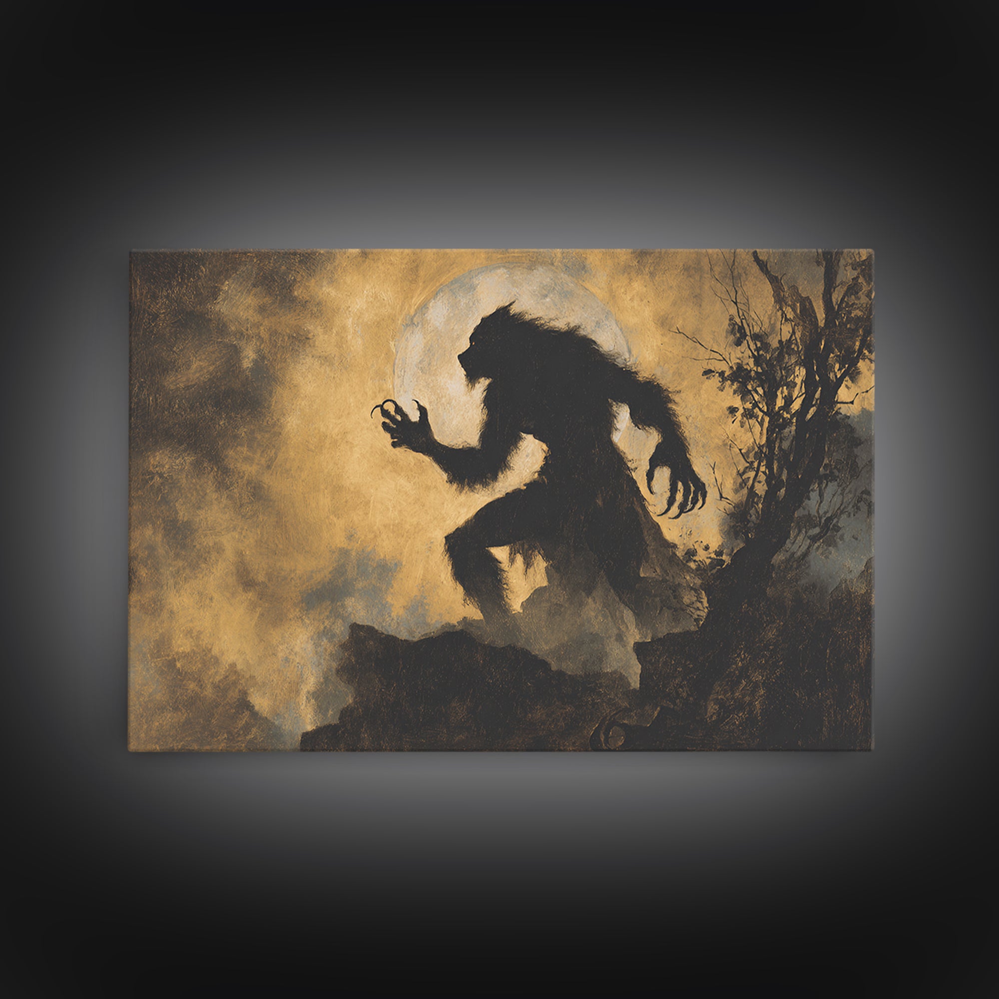 The Moon-Cursed Werewolf, Baroque Witchcraft Art, Landscape Wall Art, Dark Fantasy Wall Art, Framed Canvas Print, Halloween Wall Art