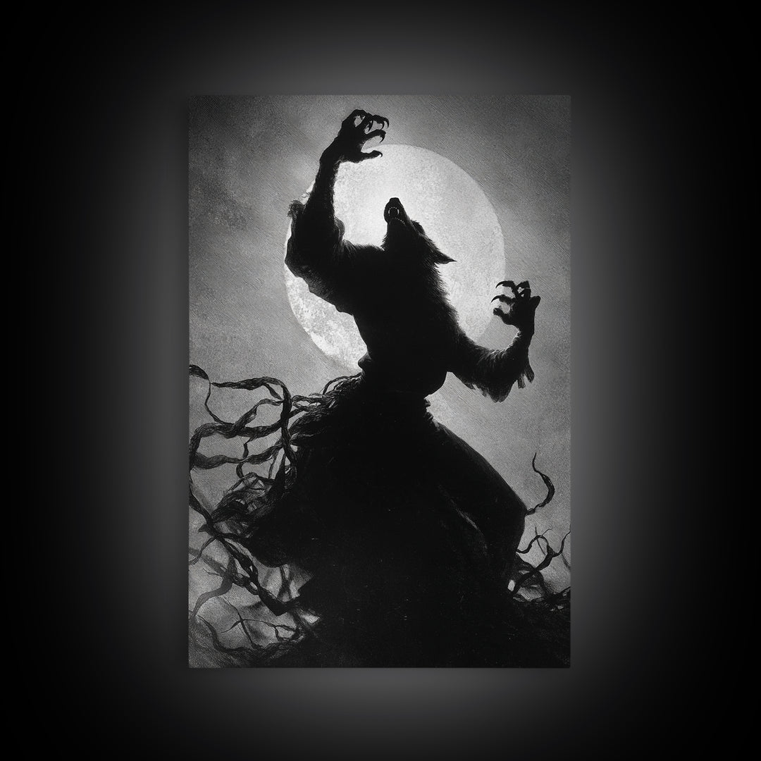 The Moon-Cursed Werewolf, Dark Romantic Horror Art, Vertical Wall Art, Gothic Horror Wall Art, Framed Canvas Print, Halloween Wall Art