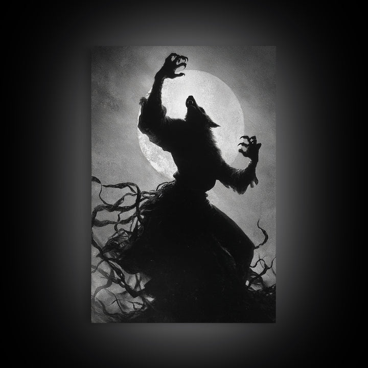 The Moon-Cursed Werewolf, Dark Romantic Horror Art, Vertical Wall Art, Gothic Horror Wall Art, Framed Canvas Print, Halloween Wall Art