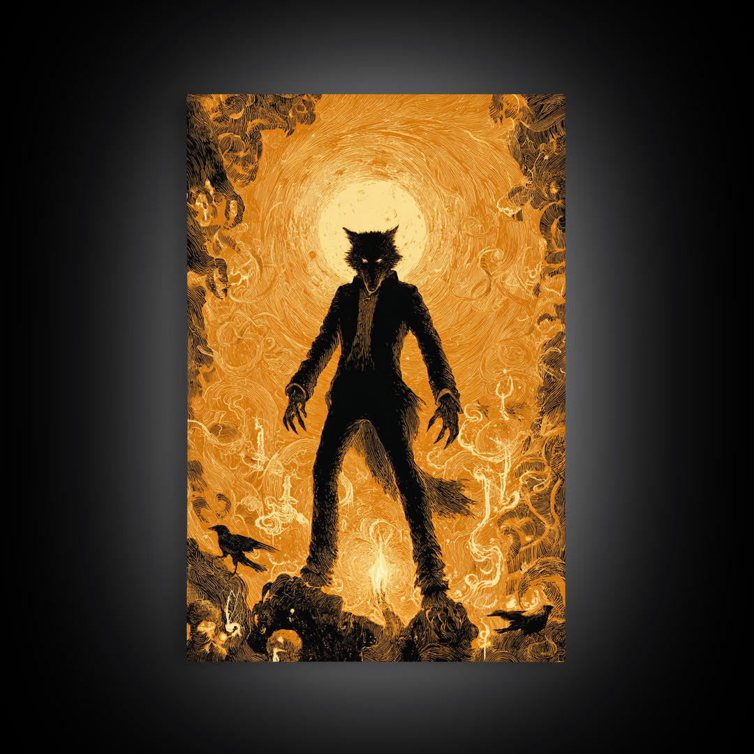 The Moon-Cursed Werewolf, Visionary Gothic Art, Vertical Wall Art, Dark Halloween Decor, Framed Canvas Print, Halloween Wall Art