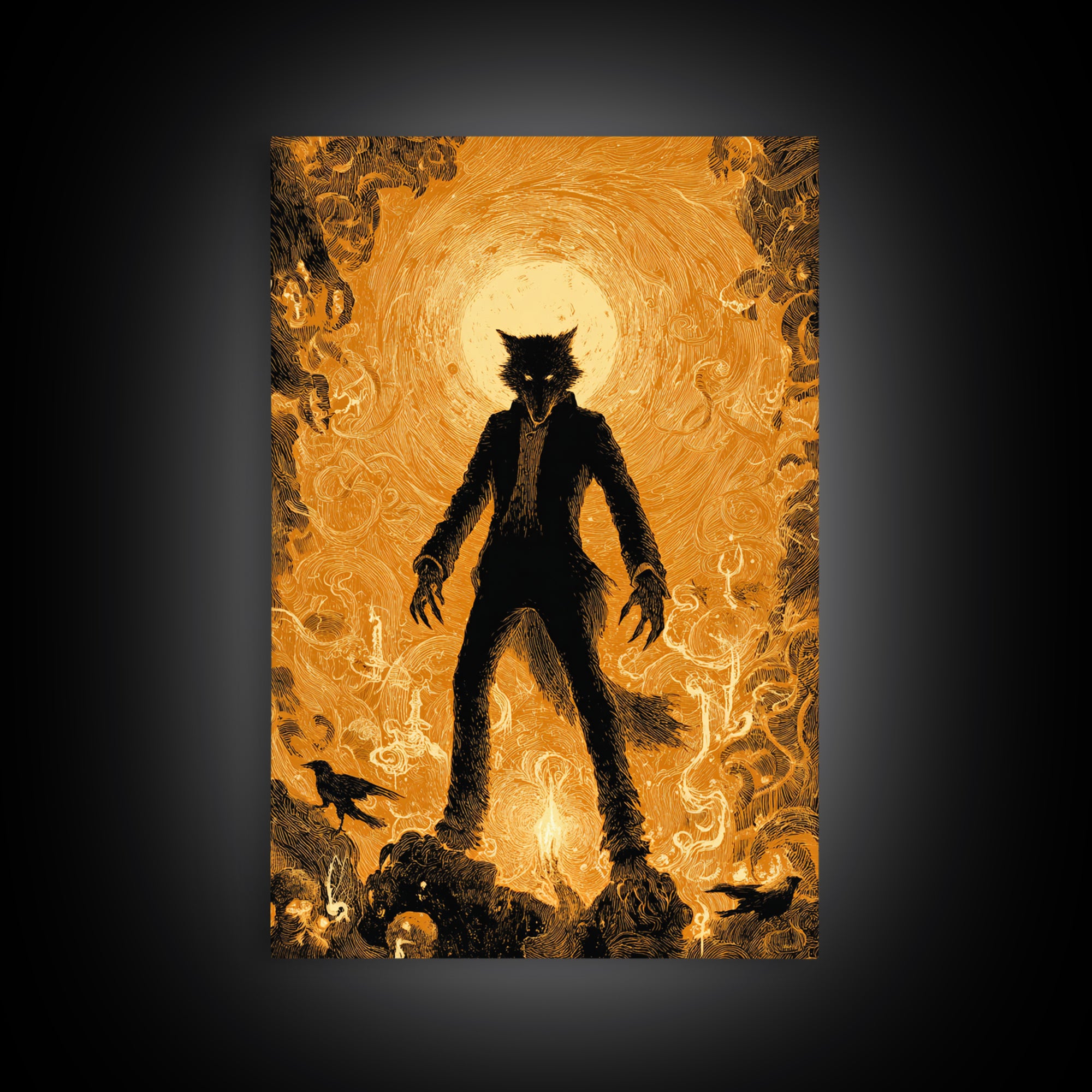 The Moon-Cursed Werewolf, Visionary Gothic Art, Vertical Wall Art, Dark Halloween Decor, Framed Canvas Print, Halloween Wall Art