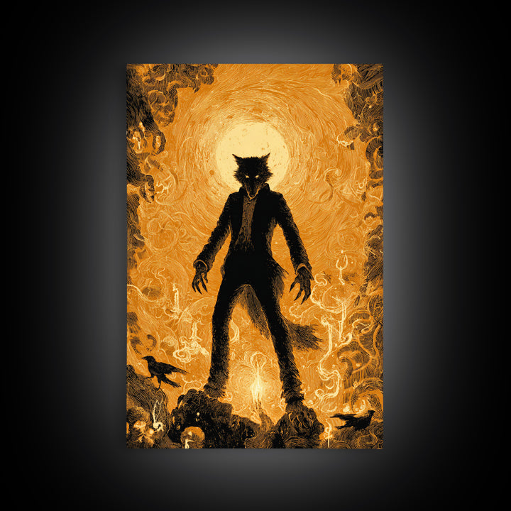 The Moon-Cursed Werewolf, Visionary Gothic Art, Vertical Wall Art, Dark Halloween Decor, Framed Canvas Print, Halloween Wall Art