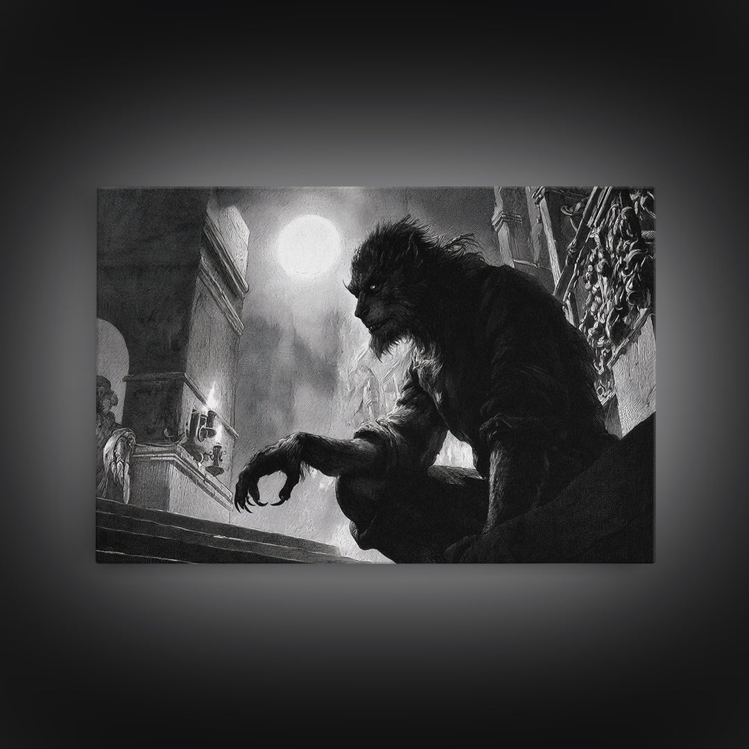 The Moon-Cursed Werewolf, Architectural Etching Art, Landscape Wall Art, Gothic Horror Wall Art, Framed Canvas Print