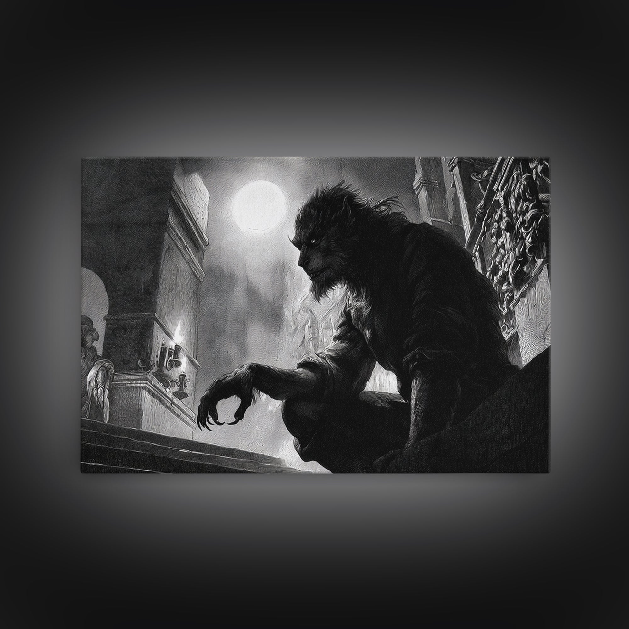 The Moon-Cursed Werewolf, Architectural Etching Art, Landscape Wall Art, Gothic Horror Wall Art, Framed Canvas Print