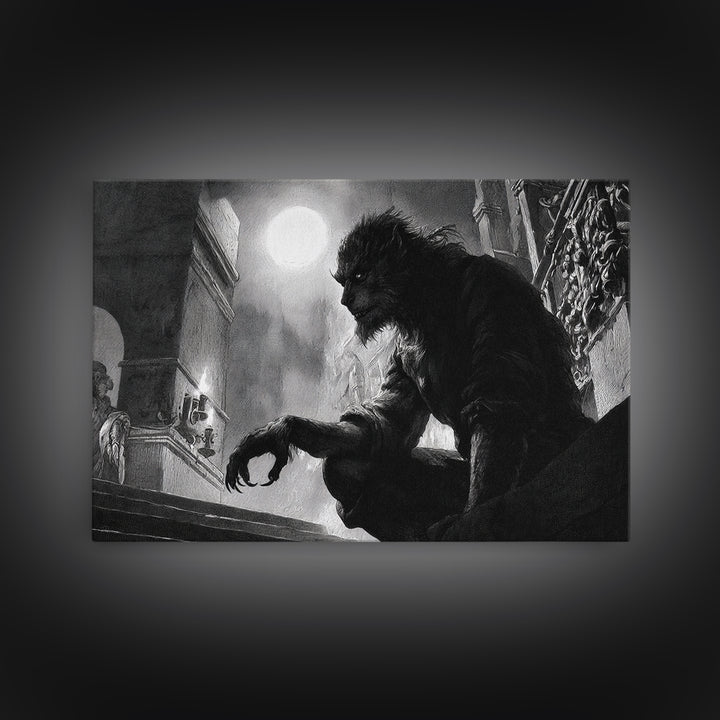 The Moon-Cursed Werewolf, Architectural Etching Art, Landscape Wall Art, Gothic Horror Wall Art, Framed Canvas Print