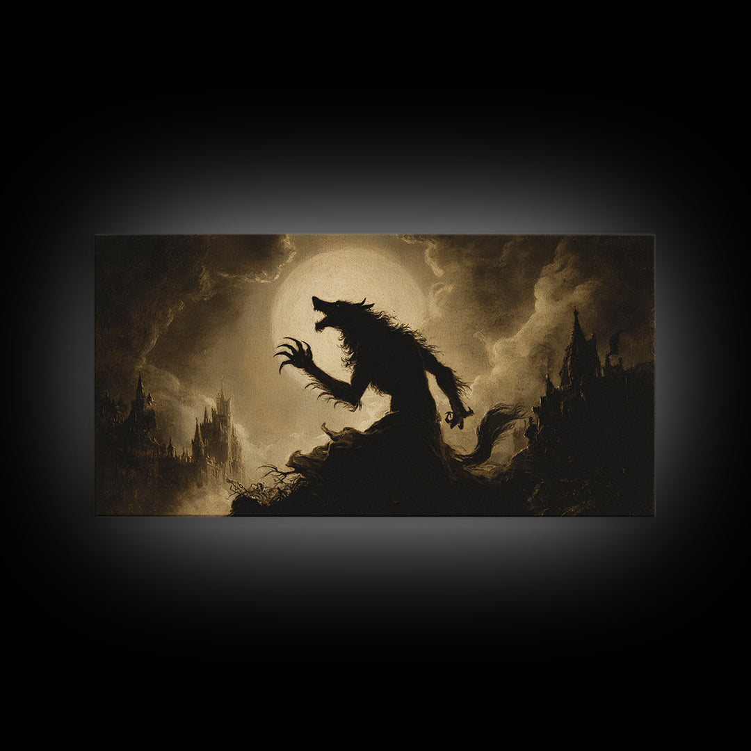 The Moon-Cursed Werewolf, Apocalyptic Romantic Art, Wide Panoramic Art, Gothic Horror Wall Art, Canvas Print, Halloween Wall Art