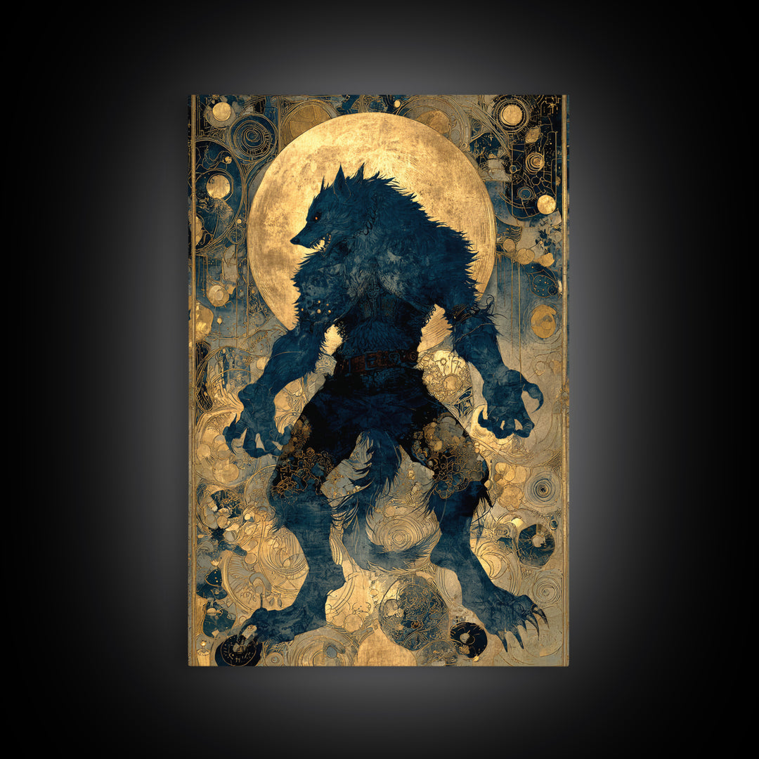 The Moon-Cursed Werewolf, Ornate Symbolist Art, Vertical Wall Art, Macabre Wall Art, Framed Canvas Print, Halloween Wall Art