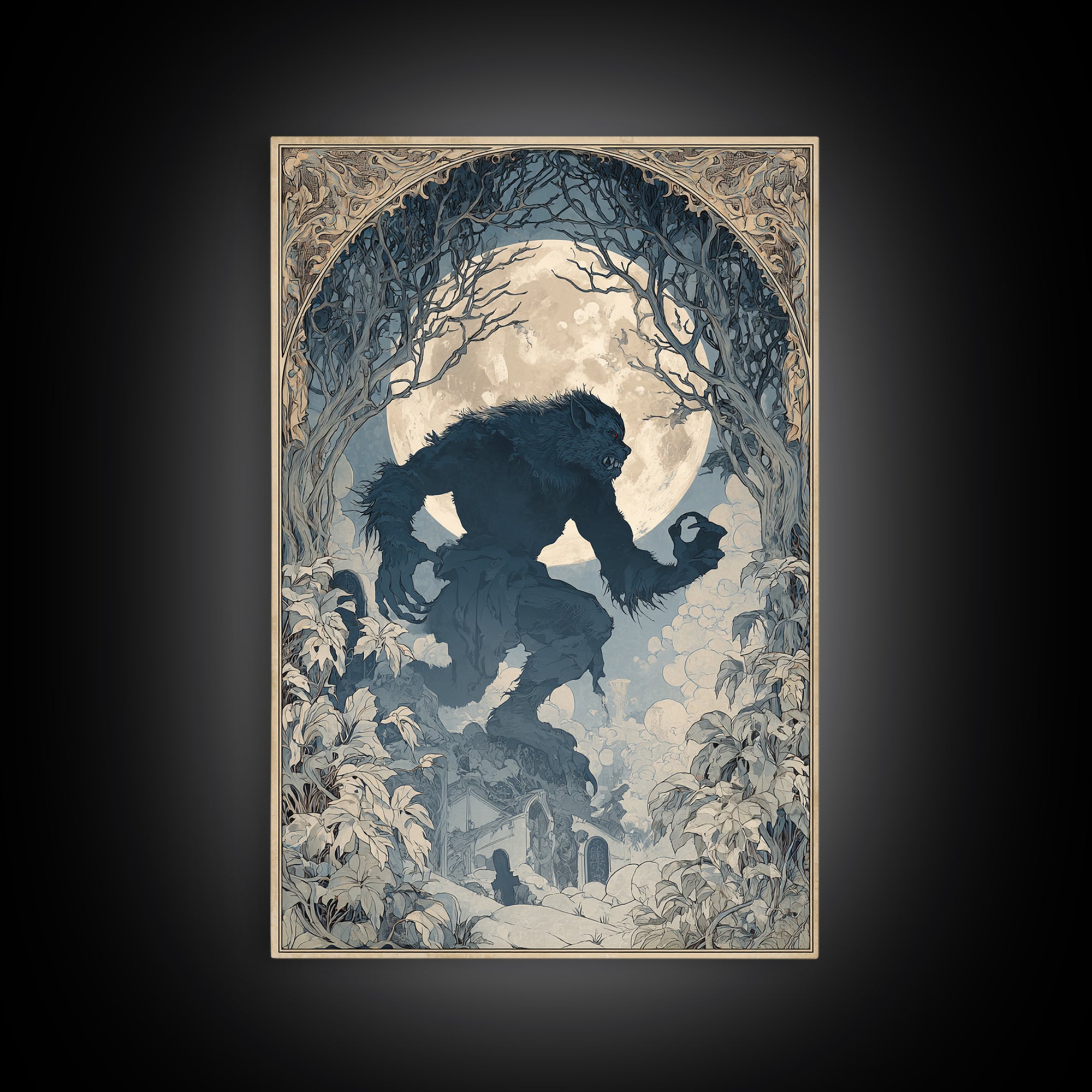 The Moon-Cursed Werewolf, Symbolist Death Art, Vertical Wall Art, Macabre Wall Art, Framed Canvas Print, Halloween Wall Art