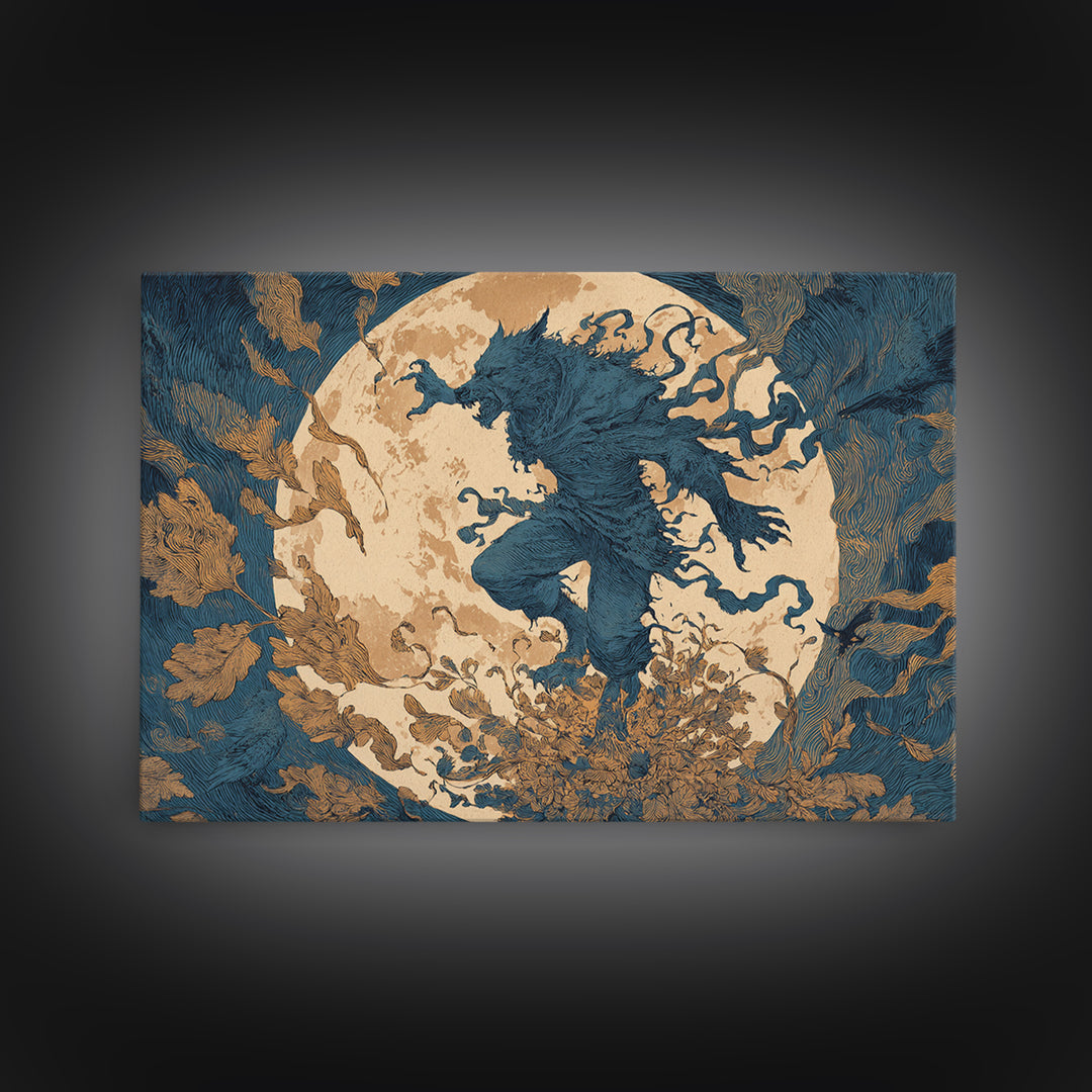 The Moon-Cursed Werewolf, Symbolist Etching Art, Landscape Wall Art, Gothic Horror Wall Art, Framed Canvas Print, Halloween Wall Art