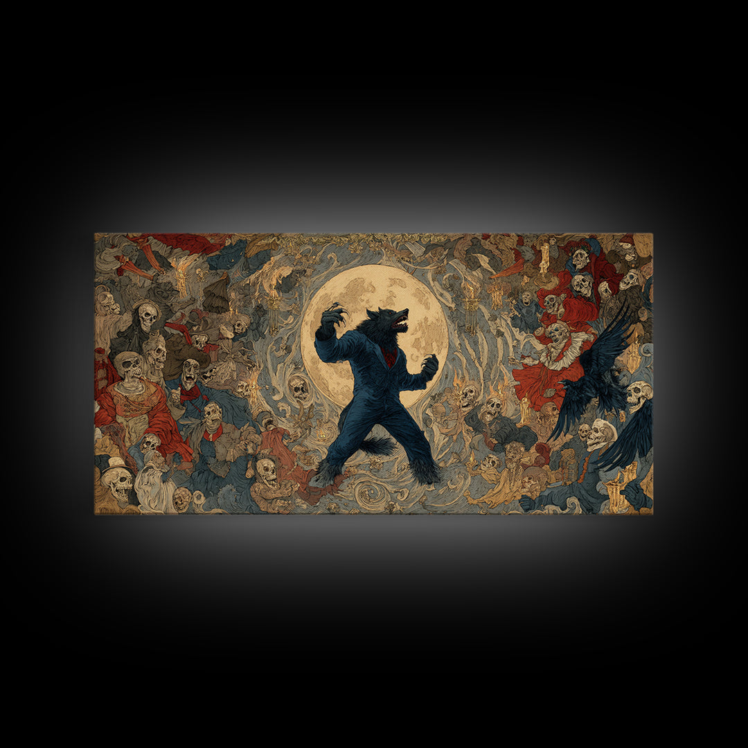 The Moon-Cursed Werewolf, Grotesque Carnival Art, Wide Panoramic Art, Dark Fantasy Wall Art, Canvas Print, Halloween Wall Art