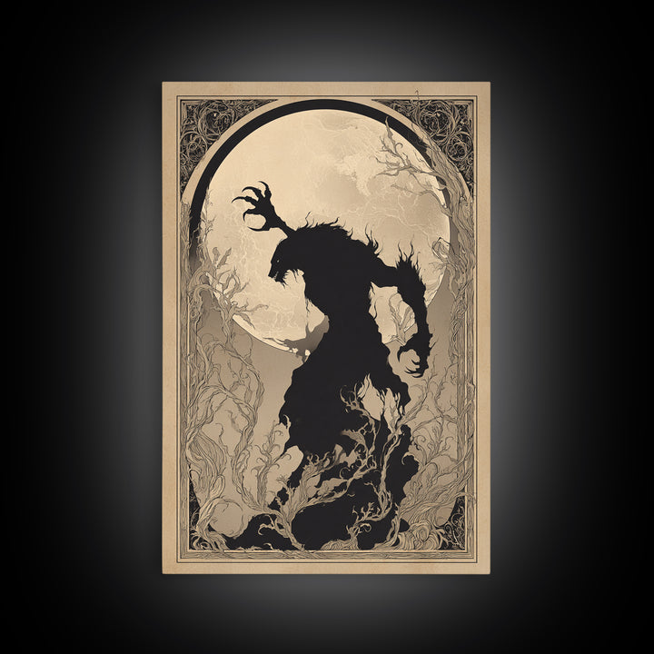 The Moon-Cursed Werewolf, Decadent Line Art, Vertical Wall Art, Dark Fantasy Wall Art, Framed Canvas Print, Halloween Wall Art
