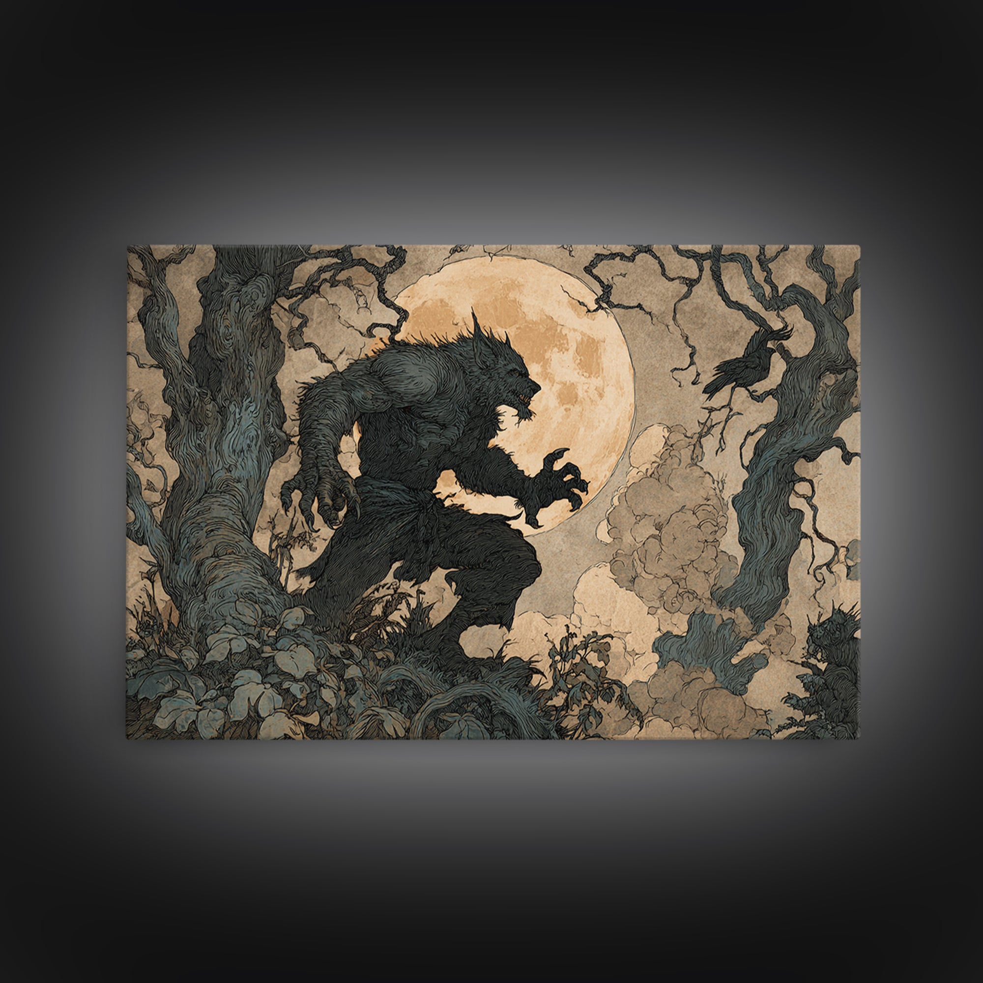 The Moon-Cursed Werewolf, Gothic Storybook Art, Landscape Wall Art, Dark Halloween Decor, Canvas Print, Halloween Wall Art