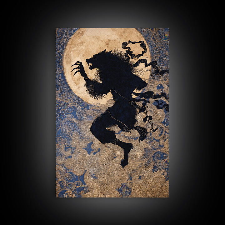 The Moon-Cursed Werewolf, Stained Glass Gothic Art, Vertical Wall Art, Dark Fantasy Wall Art, Framed Canvas Print, Halloween Wall Art