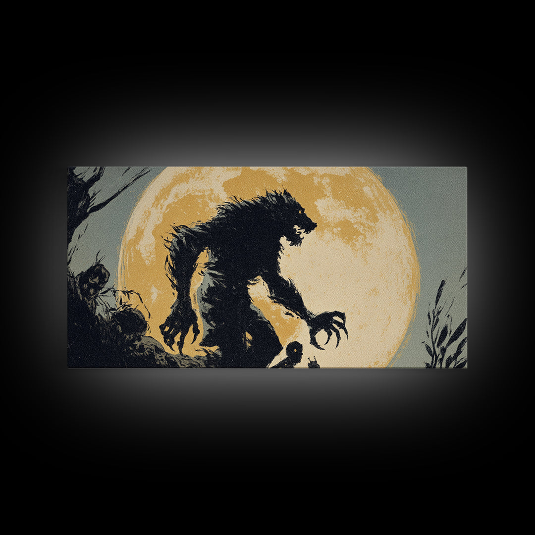 The Moon-Cursed Werewolf, Macabre Folk Print Art, Wide Panoramic Art, Dark Fantasy Wall Art, Framed Canvas Print