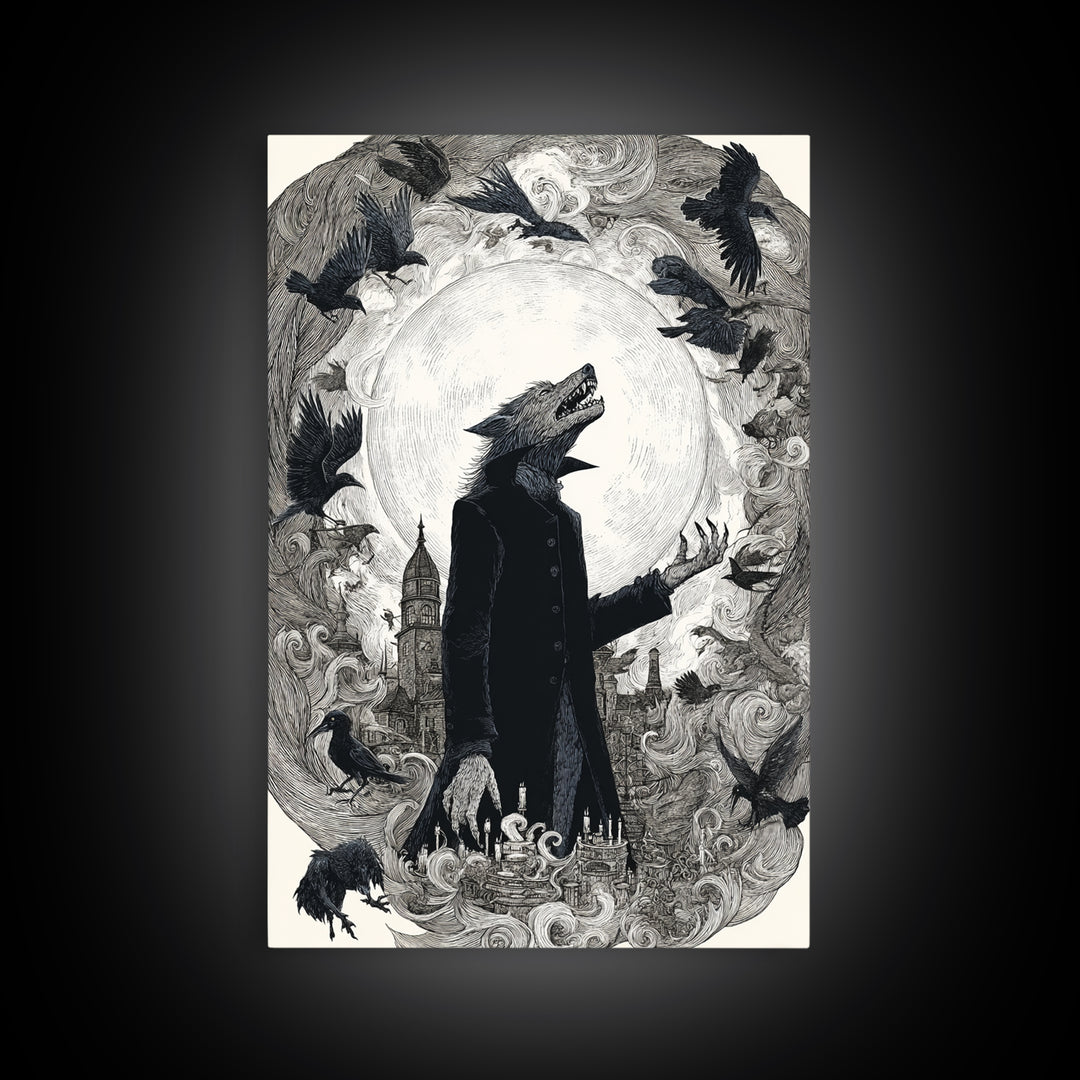 The Moon-Cursed Werewolf, Victorian Macabre Art, Vertical Wall Art, Gothic Horror Wall Art, Framed Canvas Print, Halloween Wall Art