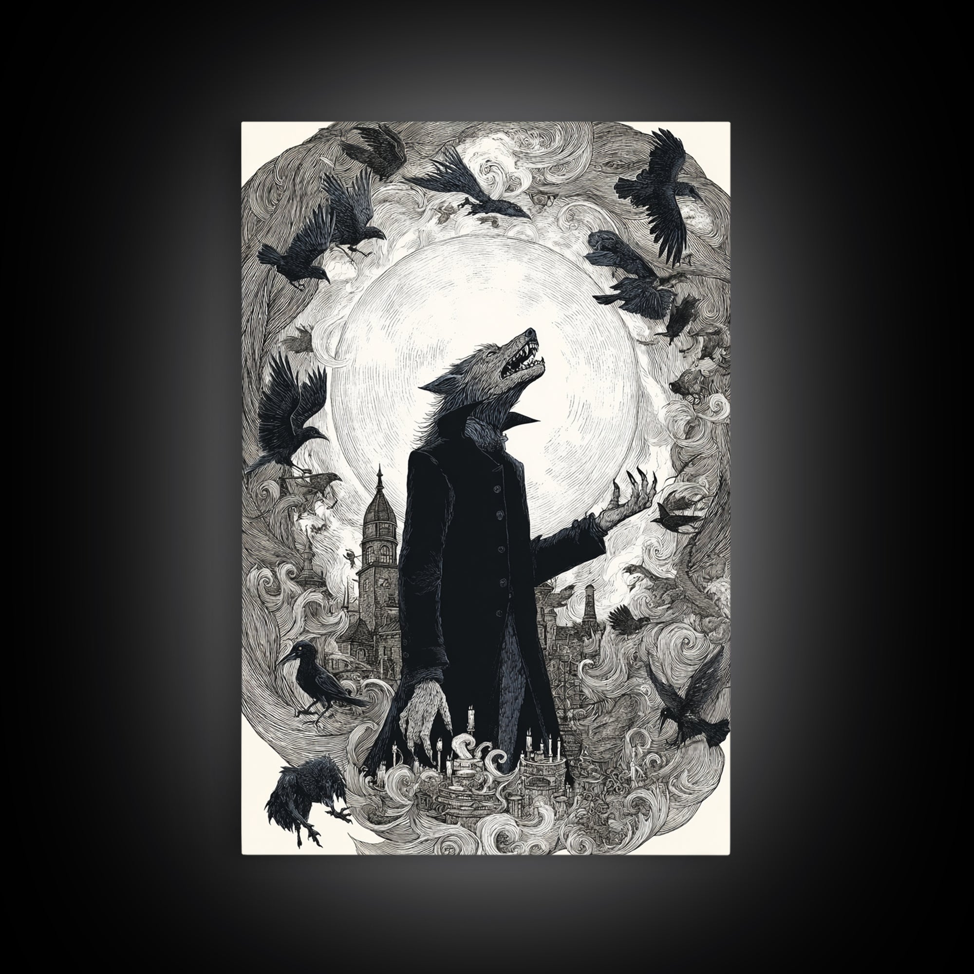 The Moon-Cursed Werewolf, Victorian Macabre Art, Vertical Wall Art, Gothic Horror Wall Art, Framed Canvas Print, Halloween Wall Art
