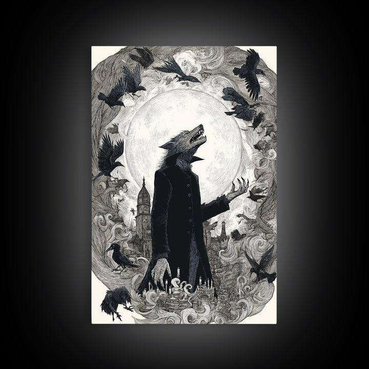 The Moon-Cursed Werewolf, Victorian Macabre Art, Vertical Wall Art, Gothic Horror Wall Art, Framed Canvas Print, Halloween Wall Art