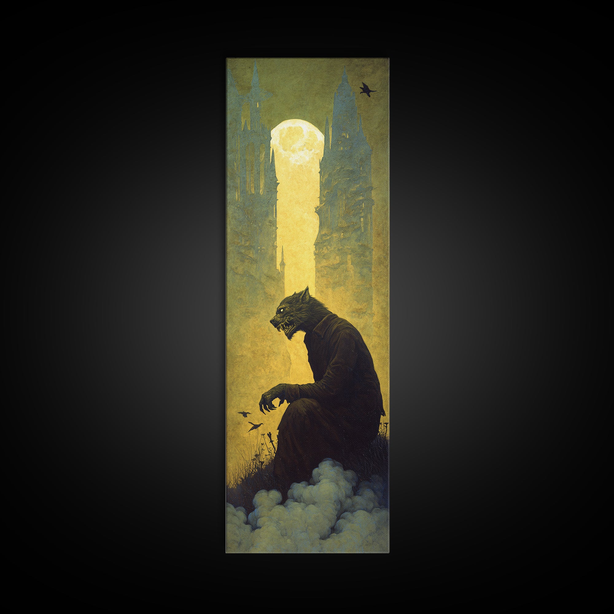 The Moon-Cursed Werewolf, Surreal Apocalyptic Art, Tall Narrow Wall Art, Macabre Wall Art, Canvas Print, Halloween Wall Art