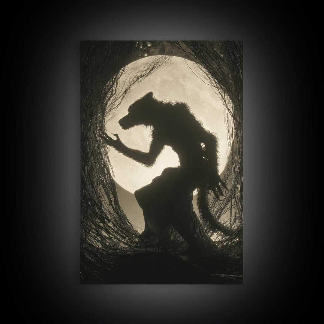 The Moon-Cursed Werewolf, Biomechanical Horror Art, Vertical Wall Art, Dark Halloween Decor, Canvas Print, Halloween Wall Art