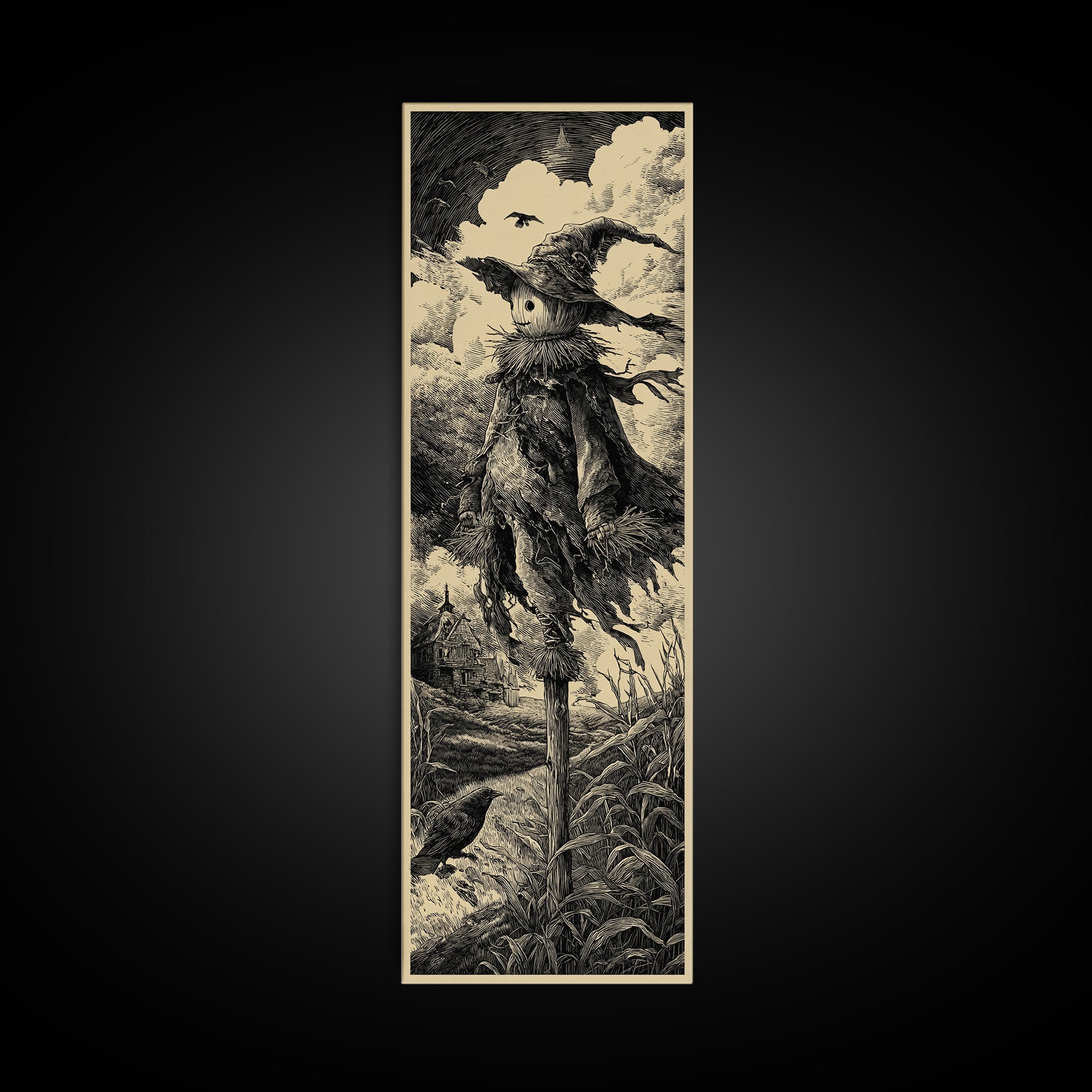 The Living Scarecrow, Gothic Engraving Art, Tall Narrow Wall Art, Gothic Horror Wall Art, Canvas Print, Halloween Wall Art