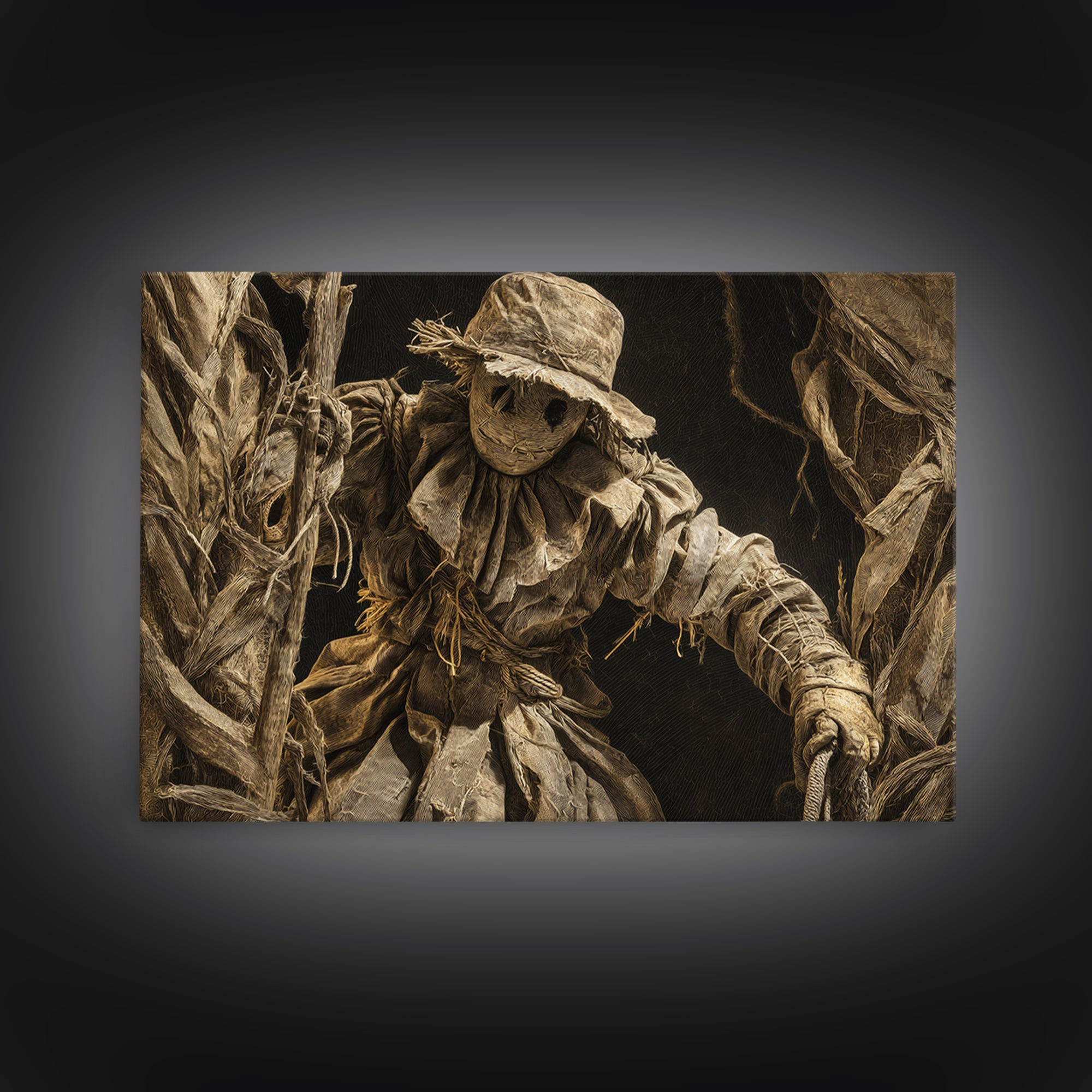 The Living Scarecrow, Architectural Etching Art, Landscape Wall Art, Dark Halloween Decor, Framed Canvas Print
