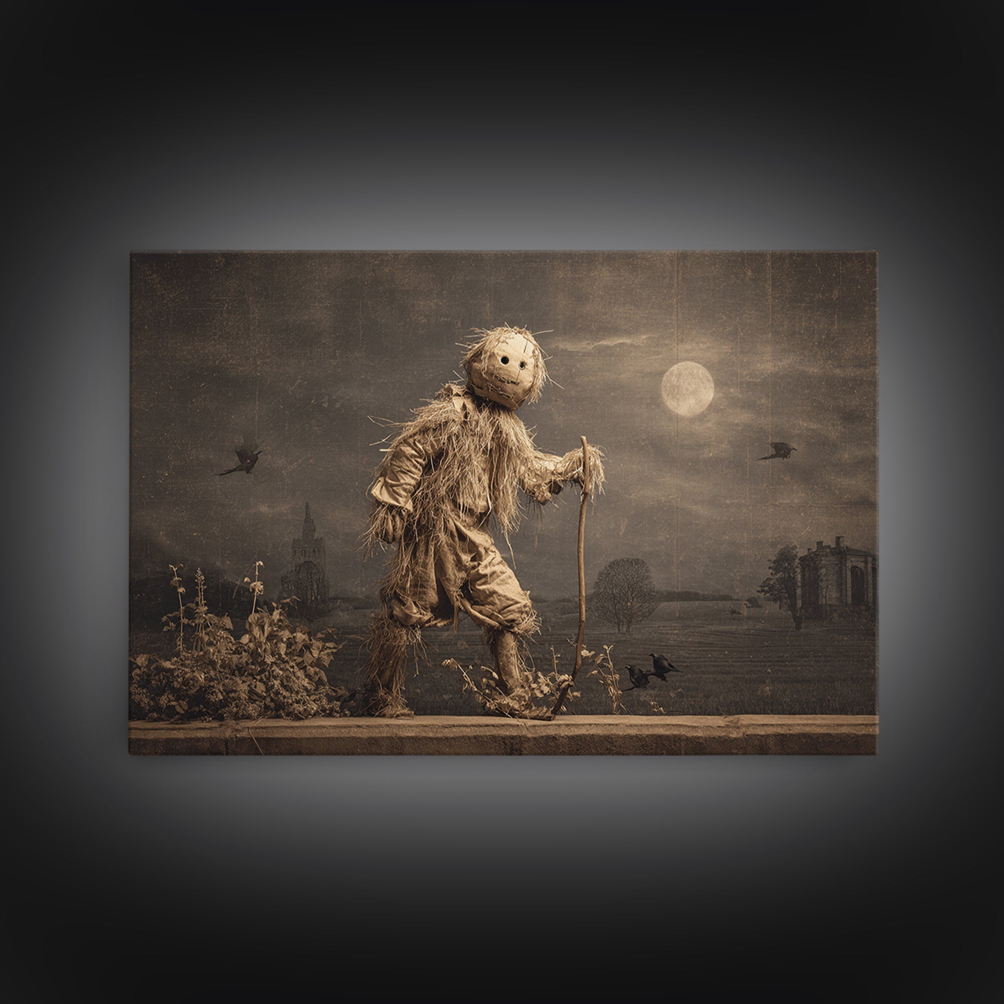 The Living Scarecrow, Romantic Gothic Landscape, Landscape Wall Art, Dark Halloween Decor, Canvas Print, Halloween Wall Art