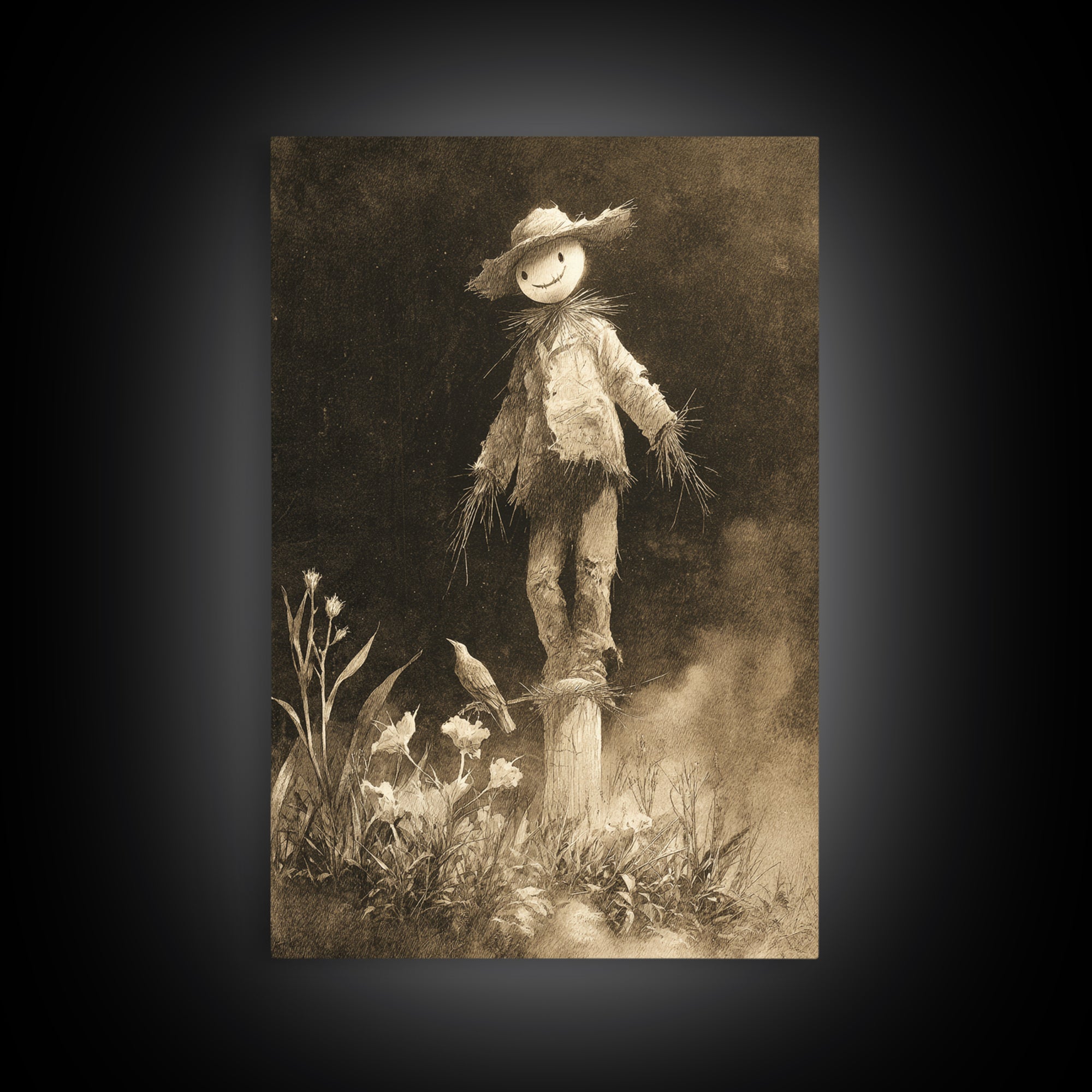 The Living Scarecrow, Symbolist Dream Art, Vertical Wall Art, Dark Halloween Decor, Framed Canvas Print, Halloween Wall Art