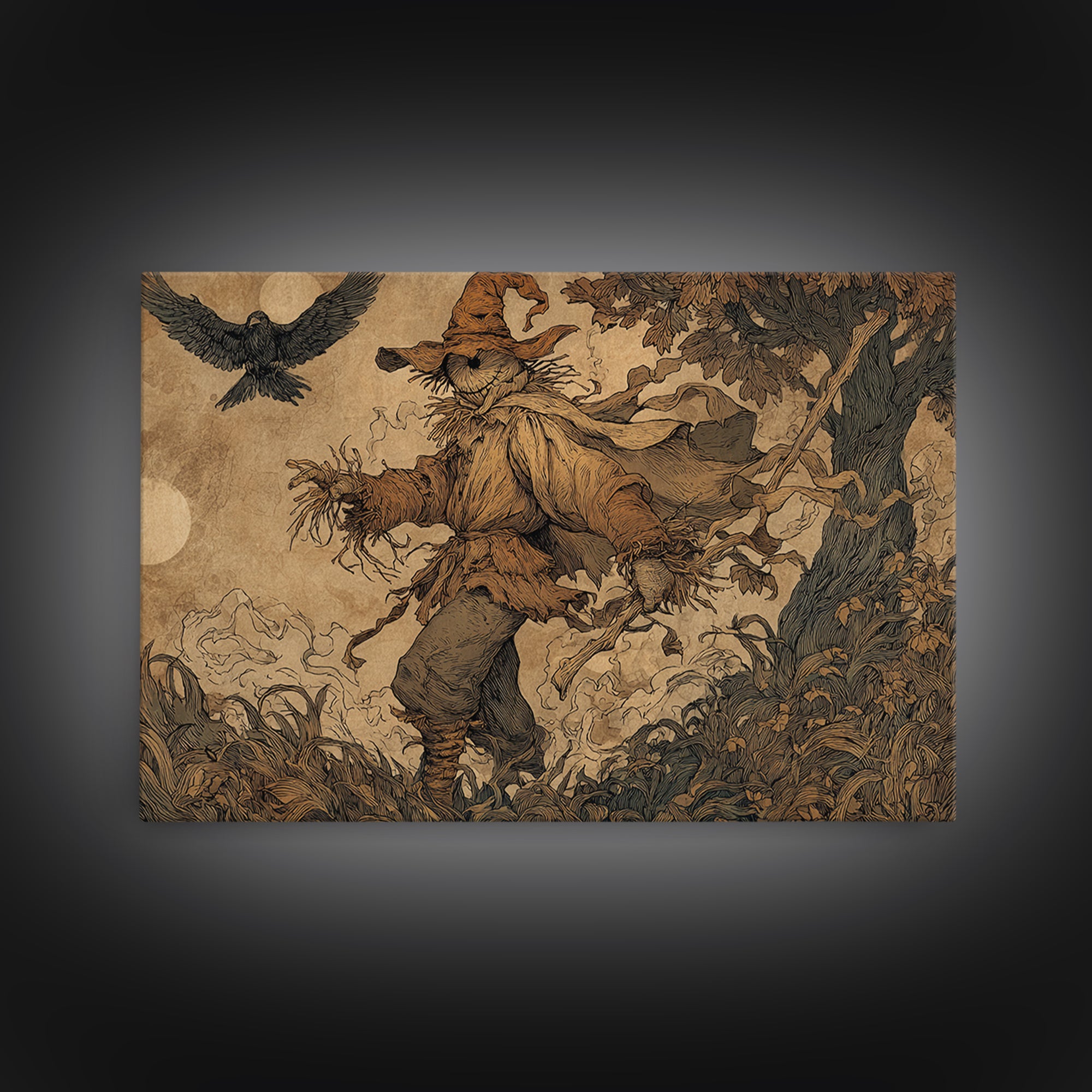 The Living Scarecrow, Gothic Storybook Art, Landscape Wall Art, Gothic Horror Wall Art, Framed Canvas Print, Halloween Wall Art