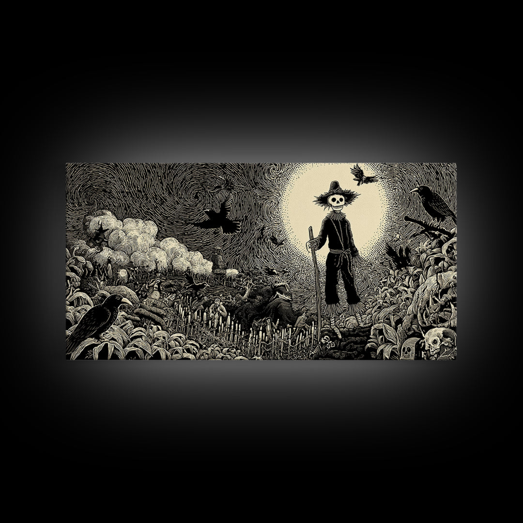 The Living Scarecrow, Macabre Folk Print Art, Wide Panoramic Art, Macabre Wall Art, Canvas Print, Halloween Wall Art