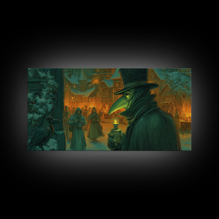 The Plague Doctor, Northern Renaissance Horror, Wide Panoramic Art, Dark Halloween Decor, Canvas Print, Halloween Wall Art