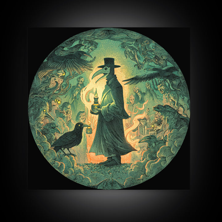 The Plague Doctor, Symbolist Etching Art, Square Wall Art, Dark Halloween Decor, Framed Canvas Print, Halloween Wall Art