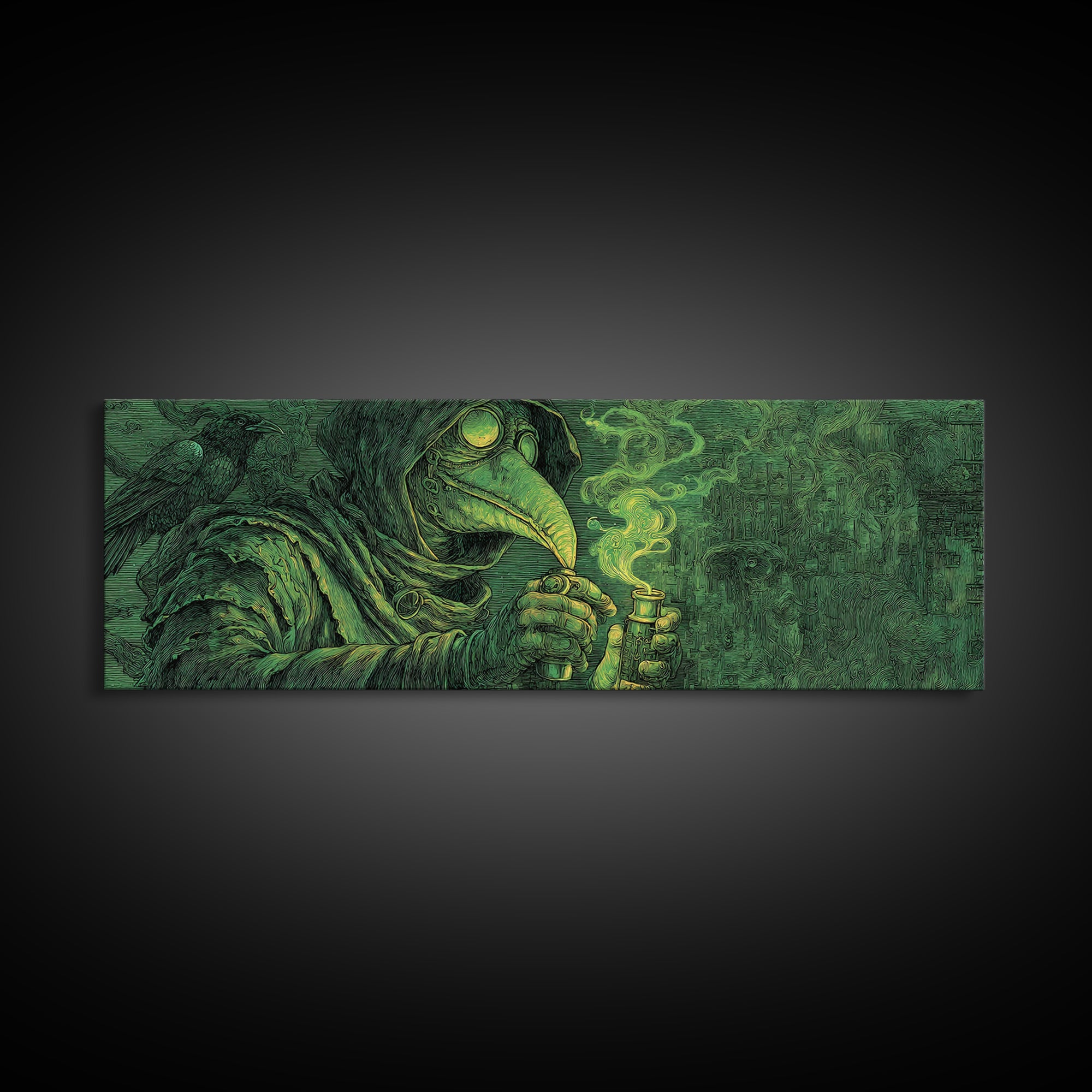 The Plague Doctor, Expressionist Nightmare Art, Extra Wide Wall Art, Dark Halloween Decor, Framed Canvas Print, Halloween Wall Art