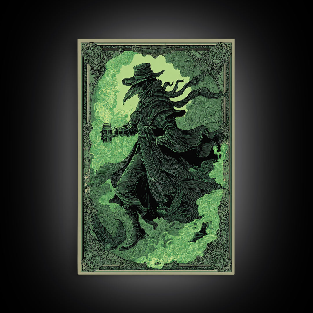 The Plague Doctor, Decadent Line Art, Vertical Wall Art, Dark Halloween Decor, Framed Canvas Print, Halloween Wall Art