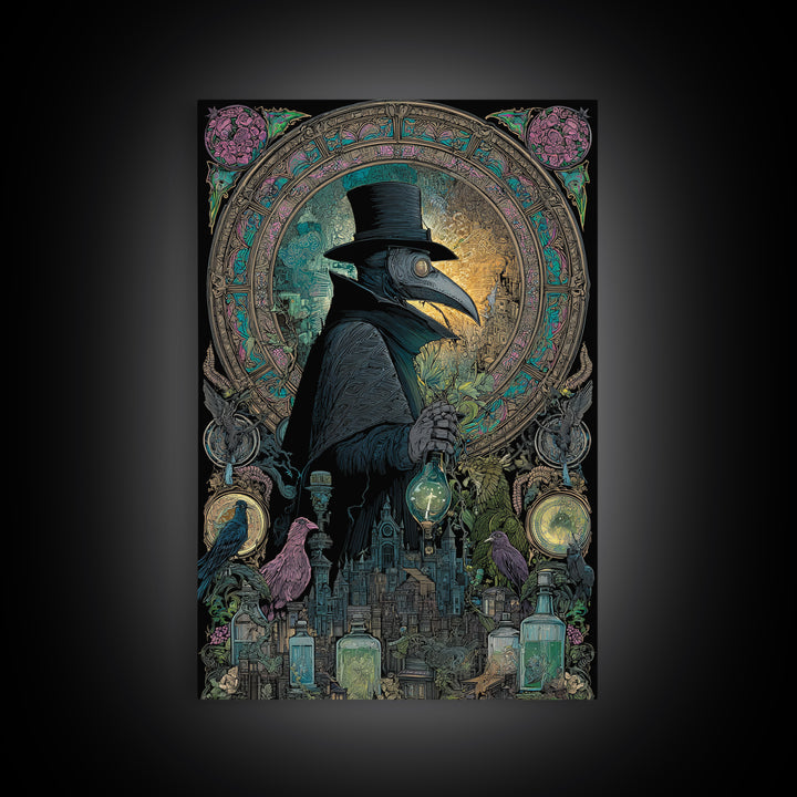 The Plague Doctor, Stained Glass Gothic Art, Vertical Wall Art, Gothic Horror Wall Art, Framed Canvas Print, Halloween Wall Art