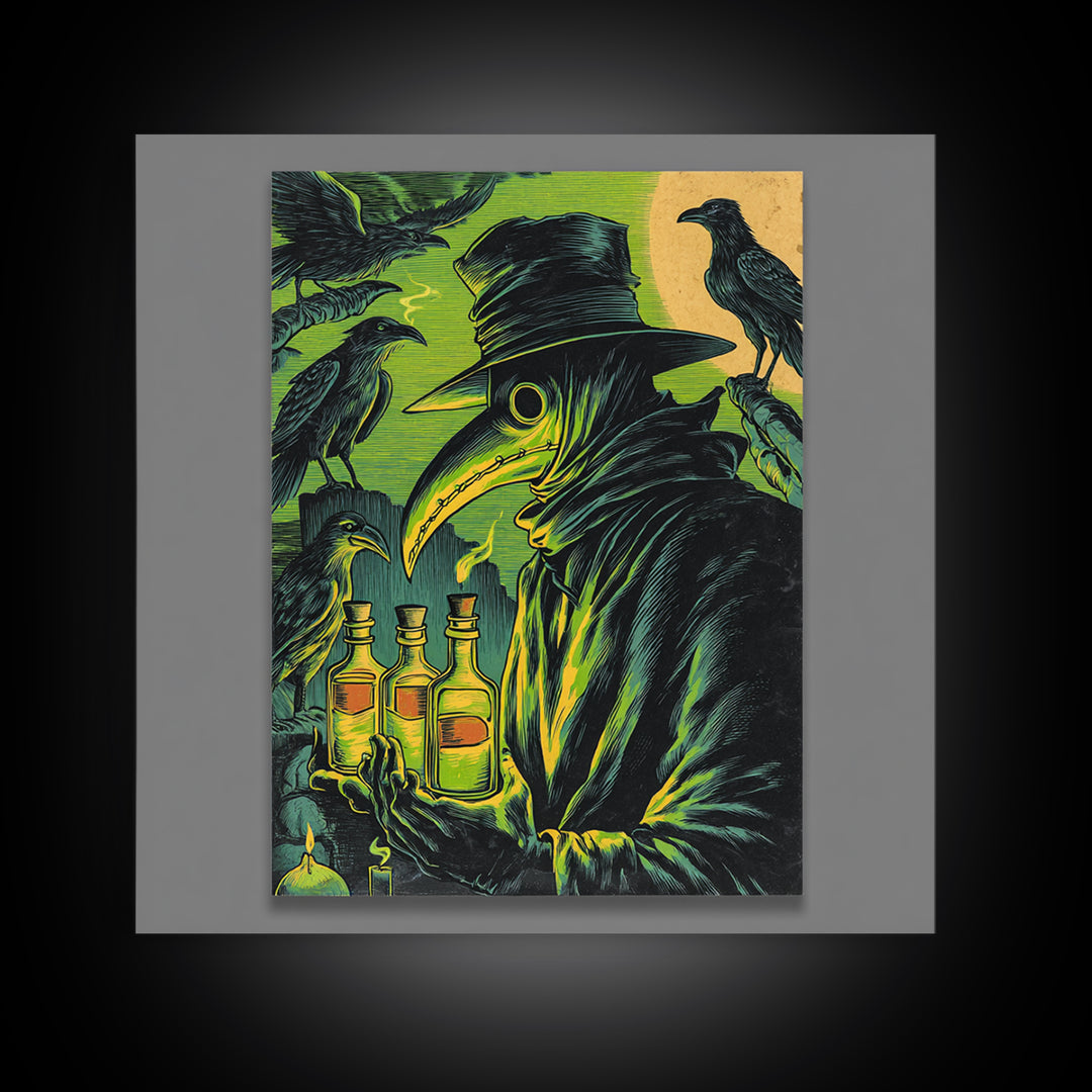 The Plague Doctor, Macabre Folk Print Art, Square Wall Art, Dark Halloween Decor, Framed Canvas Print, Halloween Wall Art