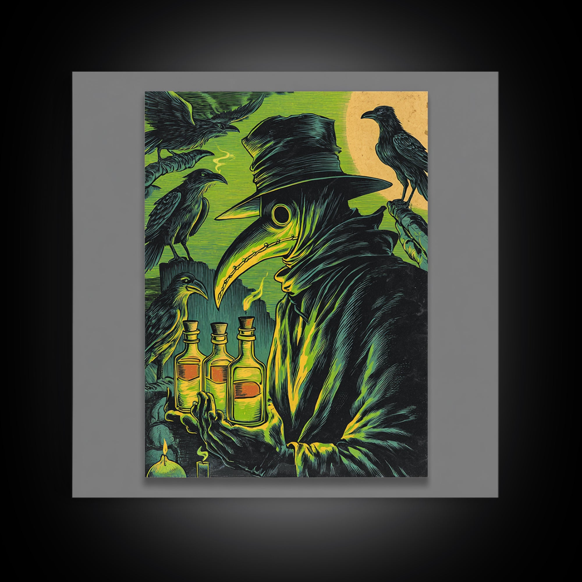 The Plague Doctor, Macabre Folk Print Art, Square Wall Art, Dark Halloween Decor, Framed Canvas Print, Halloween Wall Art