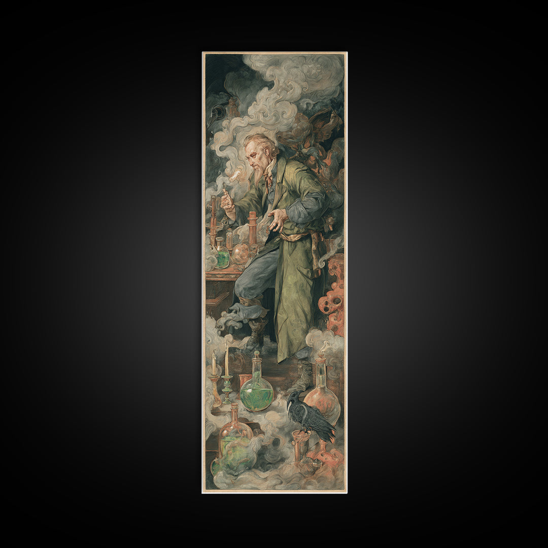 The Mad Alchemist, Dark Renaissance Art, Tall Narrow Wall Art, Dark Fantasy Wall Art, Canvas Print, Halloween Wall Art