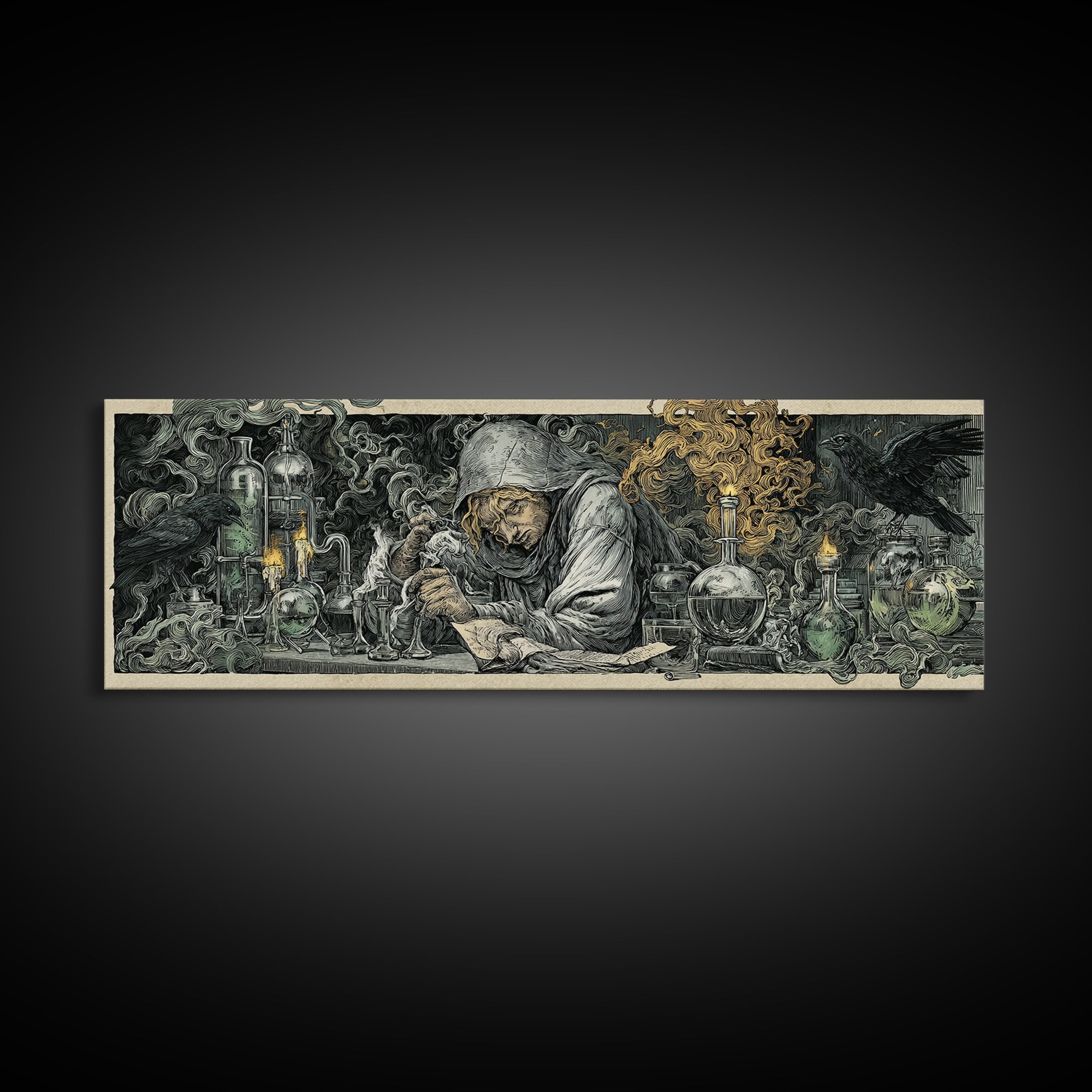 The Mad Alchemist, Renaissance Engraving Art, Extra Wide Wall Art, Dark Halloween Decor, Framed Canvas Print, Halloween Wall Art