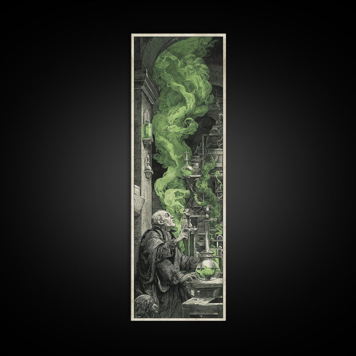 The Mad Alchemist, Architectural Etching Art, Tall Narrow Wall Art, Dark Halloween Decor, Framed Canvas Print