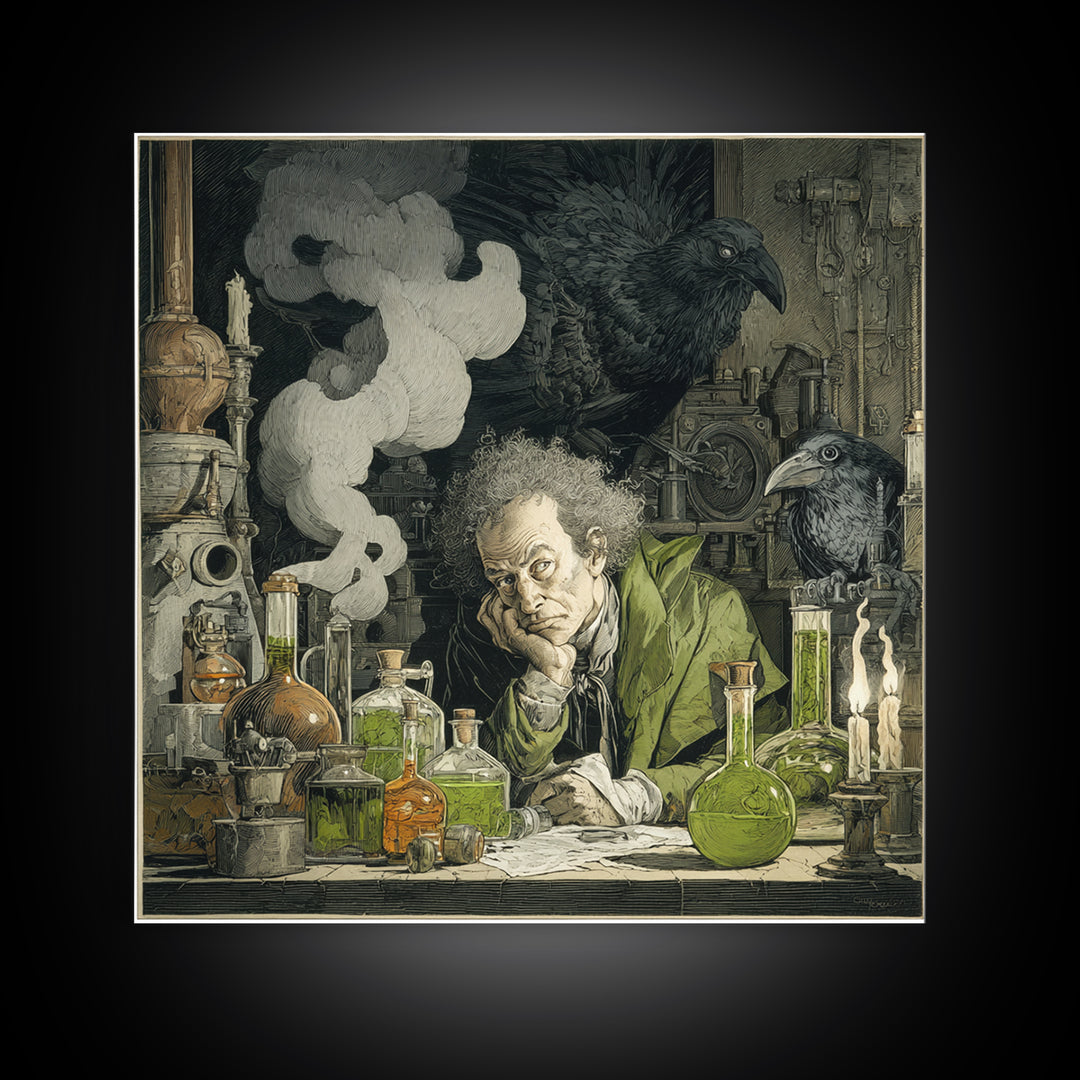 The Mad Alchemist, Symbolist Etching Art, Square Wall Art, Macabre Wall Art, Framed Canvas Print, Halloween Wall Art, Dark Fantasy Art