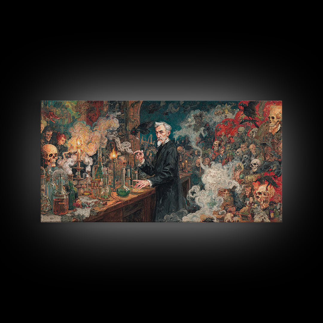 The Mad Alchemist, Grotesque Carnival Art, Wide Panoramic Art, Dark Fantasy Wall Art, Canvas Print, Halloween Wall Art, Halloween Decor