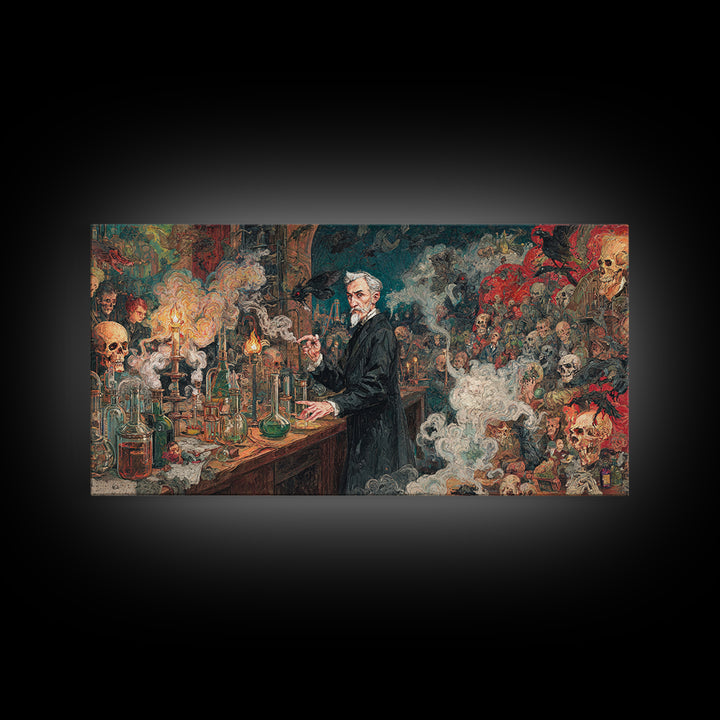 The Mad Alchemist, Grotesque Carnival Art, Wide Panoramic Art, Dark Fantasy Wall Art, Canvas Print, Halloween Wall Art, Halloween Decor