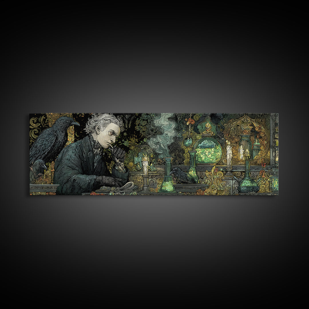 The Mad Alchemist, Stained Glass Gothic Art, Extra Wide Wall Art, Dark Halloween Decor, Canvas Print, Halloween Wall Art