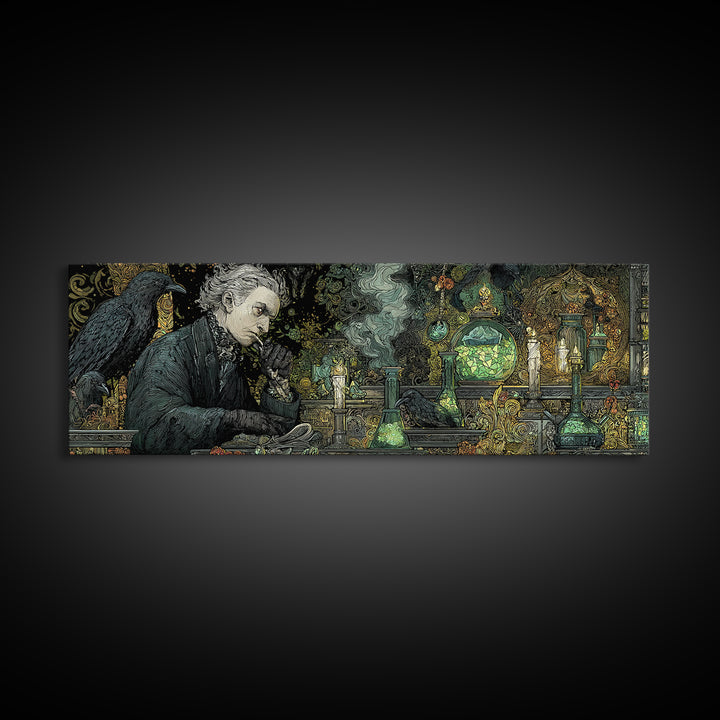 The Mad Alchemist, Stained Glass Gothic Art, Extra Wide Wall Art, Dark Halloween Decor, Canvas Print, Halloween Wall Art