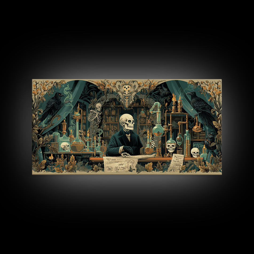 The Mad Alchemist, Macabre Folk Print Art, Wide Panoramic Art, Dark Halloween Decor, Framed Canvas Print, Halloween Wall Art