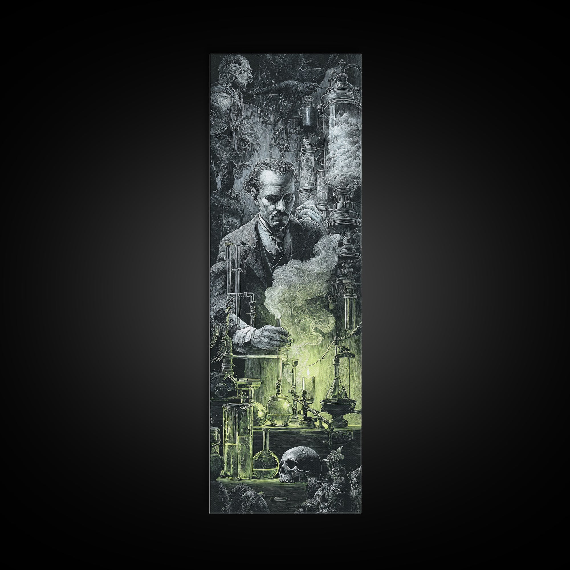 The Mad Alchemist, Biomechanical Horror Art, Tall Narrow Wall Art, Dark Fantasy Wall Art, Framed Canvas Print, Halloween Wall Art