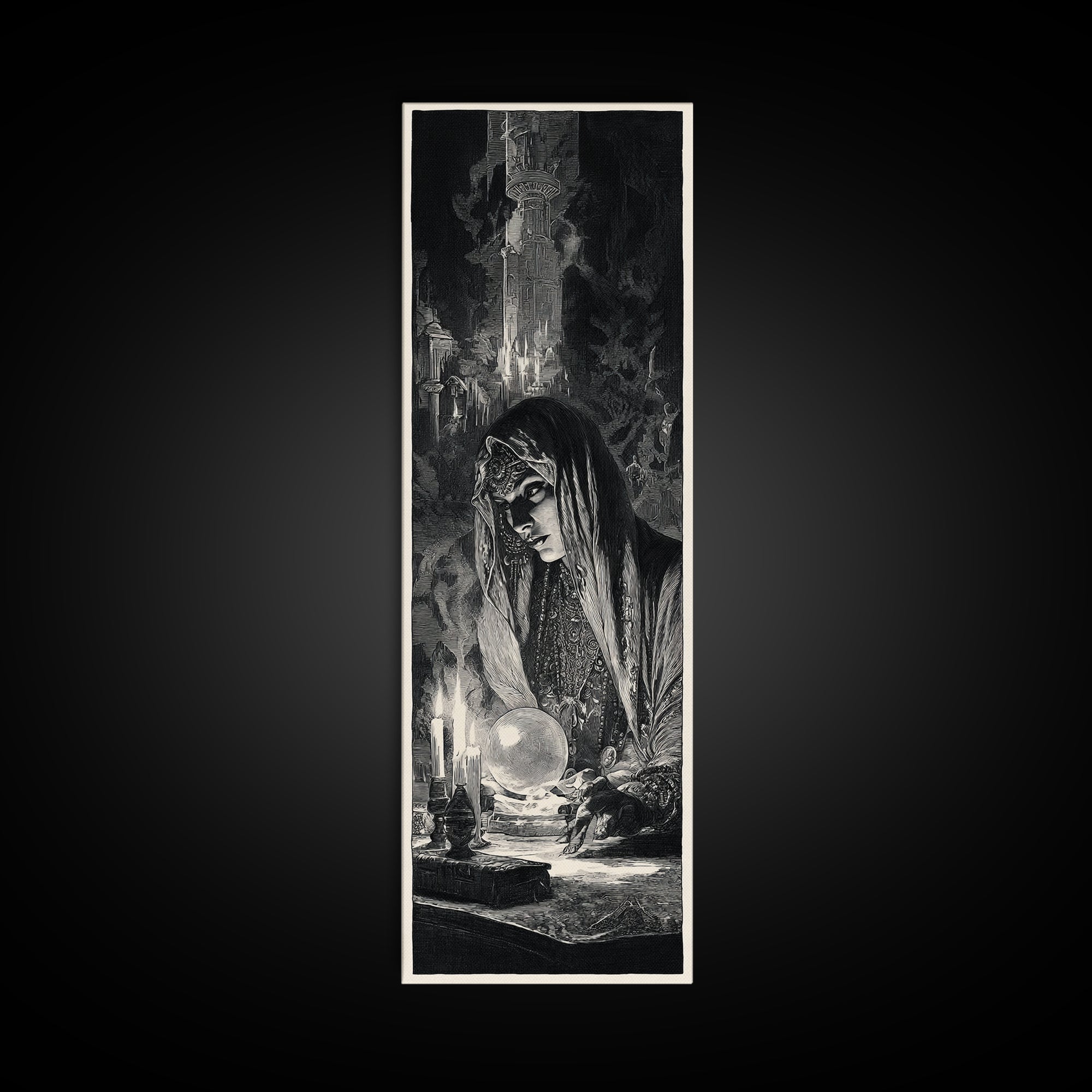 The Midnight Fortune Teller, Gothic Engraving Art, Tall Narrow Wall Art, Dark Halloween Decor, Framed Canvas Print, Halloween Wall Art