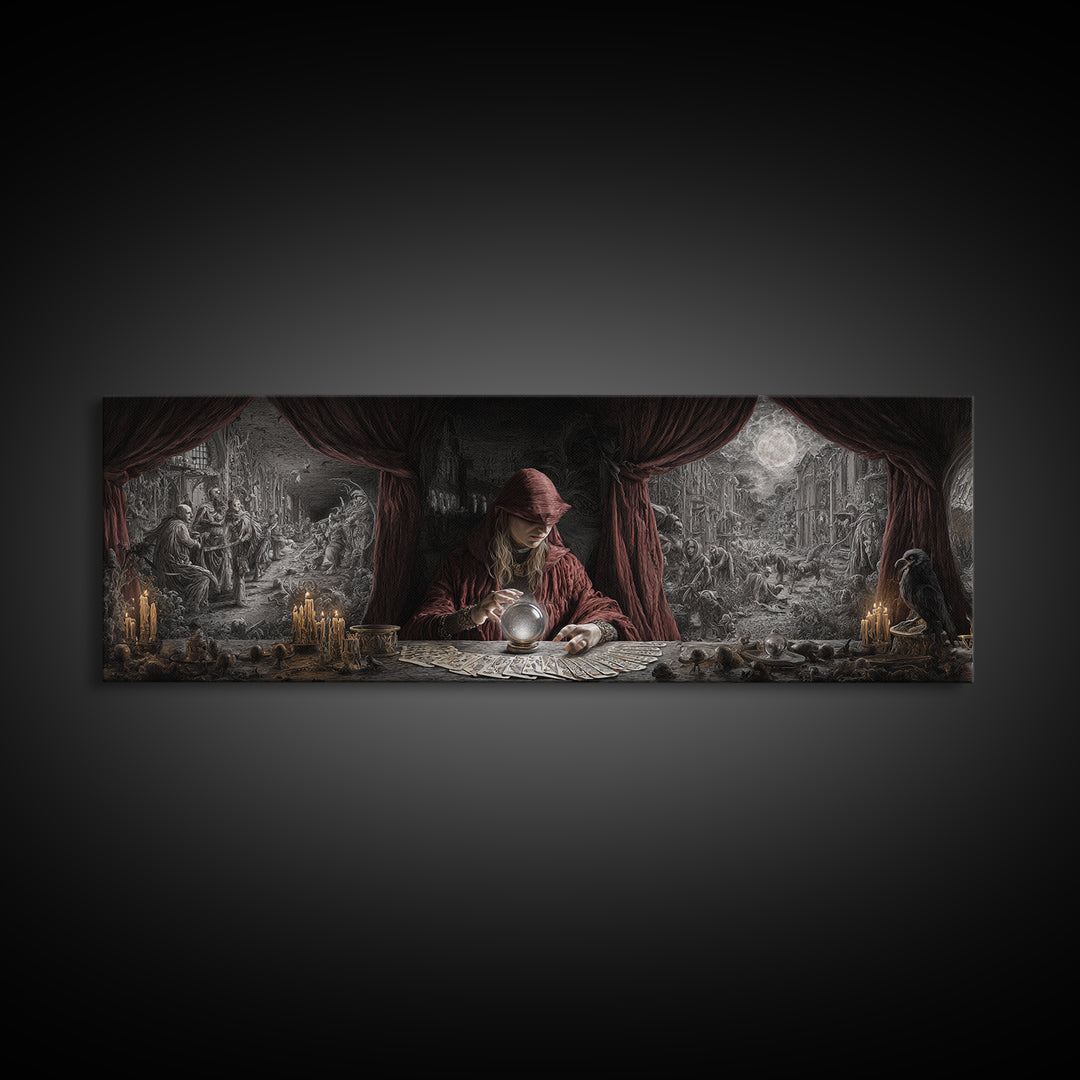 The Midnight Fortune Teller, Medieval Grotesque Art, Extra Wide Wall Art, Dark Fantasy Wall Art, Framed Canvas Print, Halloween Decor