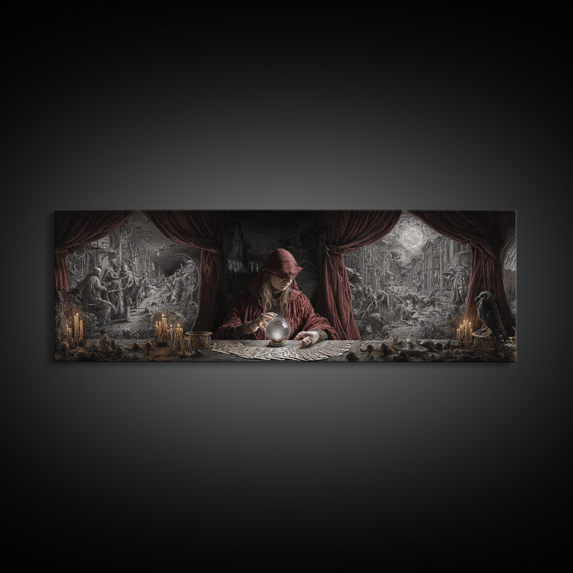 The Midnight Fortune Teller, Medieval Grotesque Art, Extra Wide Wall Art, Dark Fantasy Wall Art, Framed Canvas Print, Halloween Decor